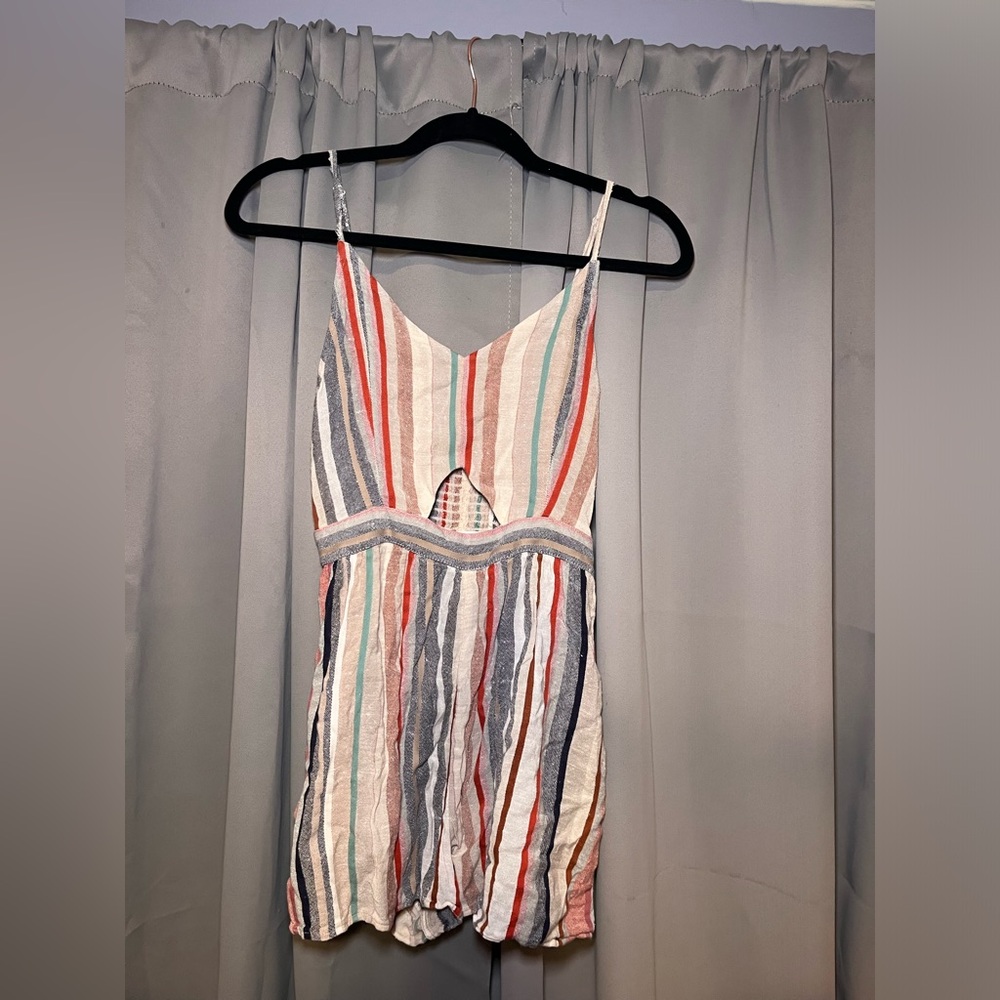 AEO Striped Linen Style Romper with Pockets & Cutout in Front